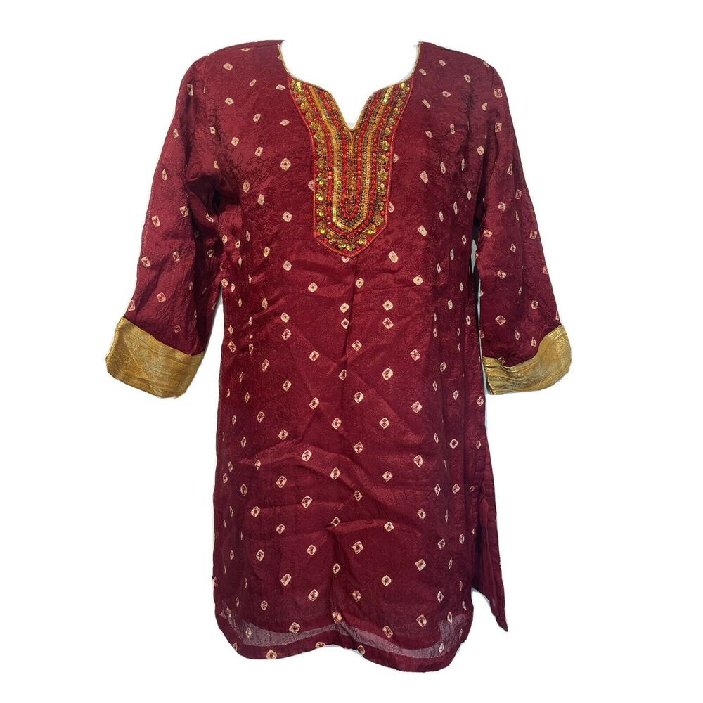 Shringaar Red Gold kaftan short beaded front tunic Top Size M